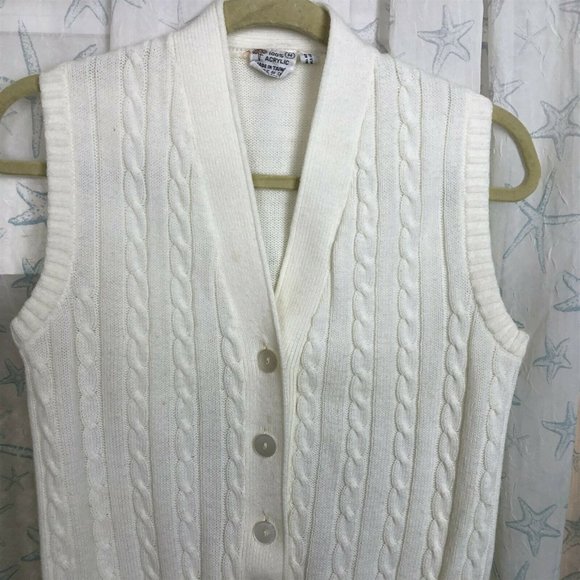 Vintage Cable Knit Vest Button Front White Pockets size M Brown Trim - Picture 2 of 6